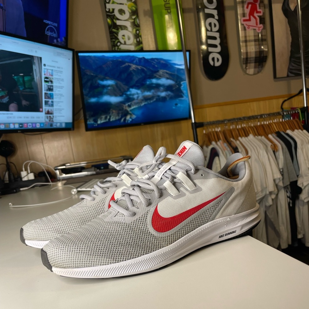 Nike Downshifter 9 Wolf Grey Red White Mens Athletic Shoes Size 12 Athletic